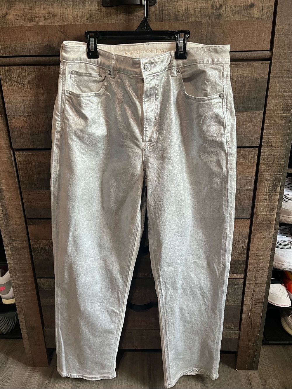 American Eagle Metallic Silver High-Rise Baggy Straight Jeans